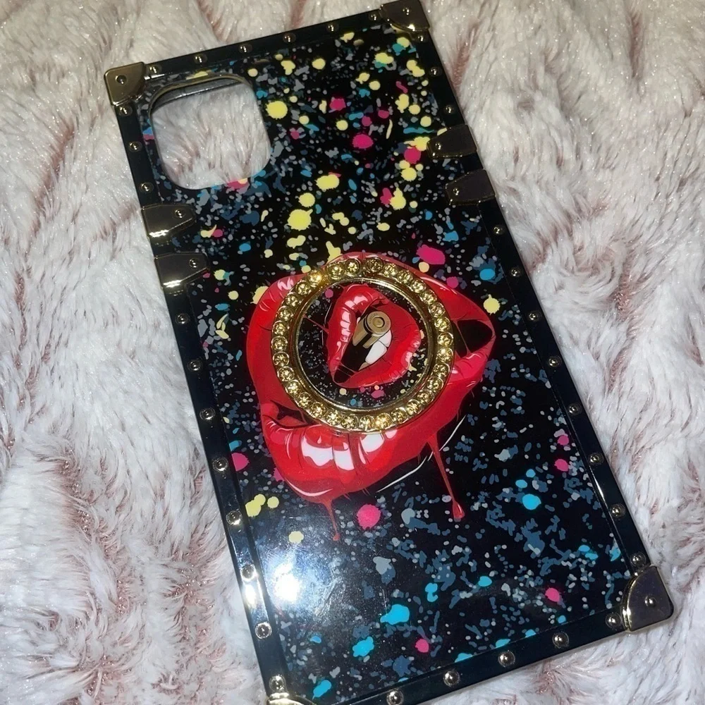 iPhone 11 Ultra Red Lips Kickstand Ring Holder Square Rivet Crystal Silicon Case